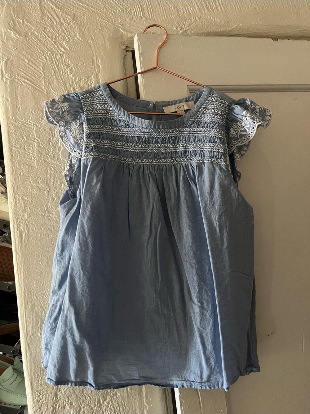LOFT Light Blue Embroidered Cap-Sleeve Camisole